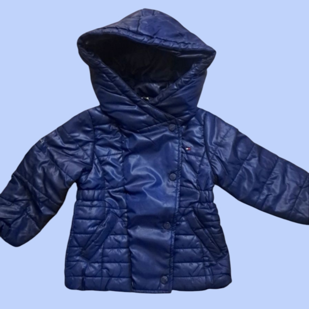 Tommy Hilfiger Navy Blue Puffer Hooded Jacket Button Snaps Zipper Toddler 2T